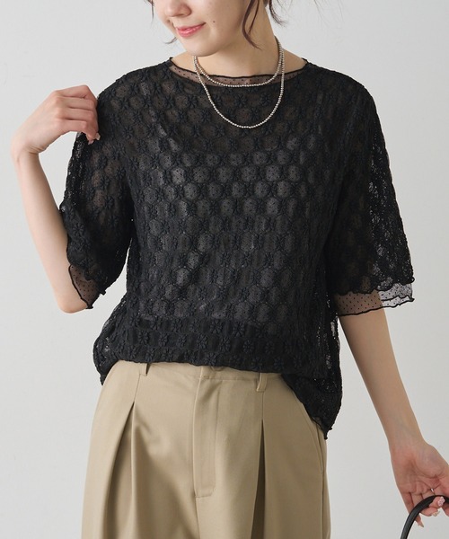 PUAL CE CIN(ピュアルセシン)の「ストレッチレース×ドットチュールTシャツ(Tシャツ/カットソー・レディース・ブラック/ホワイト・FREE)」の9枚目の写真