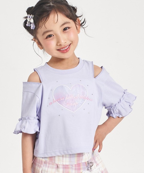 ANAP kids(アナップキッズ)の「肩ジップ 袖フリルTシャツ トップス(Tシャツ/カットソー・キッズ・ホワイト/ラベンダー・110/120/130)」の2枚目の写真
