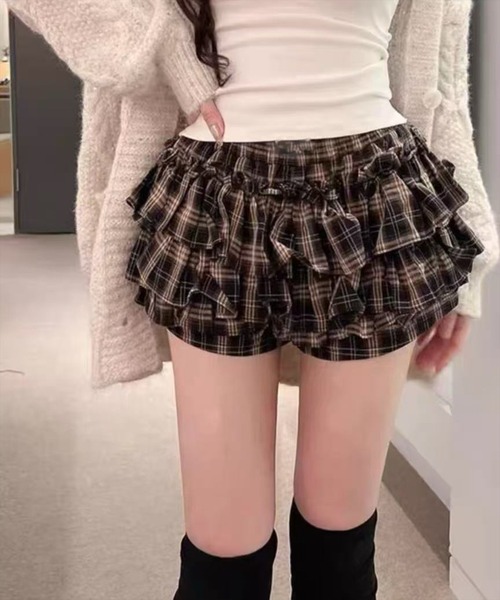STAY MOTION（ステイモーション）の「【WEB限定】チェック柄ティアードミニスカートパンツ［骨格ウェーブ／ガーリー／韓国ファッション］（スカート・レディース・ブラック/ブラウン・M/S）」の2枚目の写真