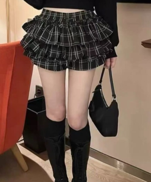 STAY MOTION（ステイモーション）の「【WEB限定】チェック柄ティアードミニスカートパンツ［骨格ウェーブ／ガーリー／韓国ファッション］（スカート・レディース・ブラック/ブラウン・M/S）」の3枚目の写真