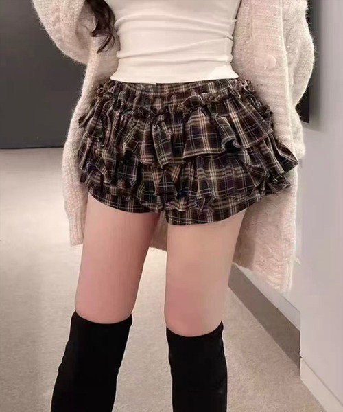 STAY MOTION（ステイモーション）の「【WEB限定】チェック柄ティアードミニスカートパンツ［骨格ウェーブ／ガーリー／韓国ファッション］（スカート・レディース・ブラック/ブラウン・M/S）」の5枚目の写真