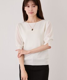 袖シアーパール付き半袖ニット