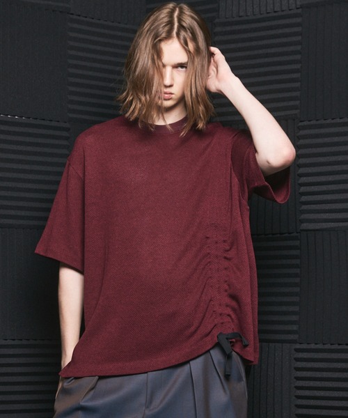 MAISON SPECIAL(メゾンスペシャル)の「《UNISEX》Russell Mesh Prime-Over Asymmetrical Shirring T-shirt/ラッセルメッシュプライムオーバーアシンメトリーシャーリングTシャツ【MAISON SPECIAL/メゾンスペシャル】(Tシャツ/カットソー・メンズ・ブラック/ラベンダー/バーガンディー・0/2/1)」の1枚目の写真