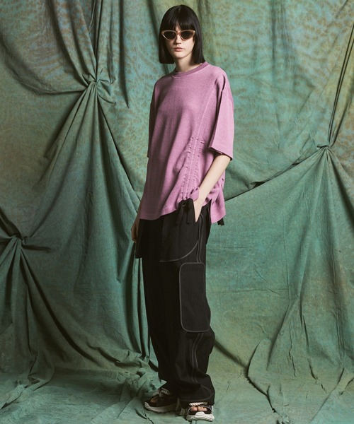 MAISON SPECIAL(メゾンスペシャル)の「《UNISEX》Russell Mesh Prime-Over Asymmetrical Shirring T-shirt/ラッセルメッシュプライムオーバーアシンメトリーシャーリングTシャツ【MAISON SPECIAL/メゾンスペシャル】(Tシャツ/カットソー・メンズ・ブラック/ラベンダー/バーガンディー・0/2/1)」の20枚目の写真