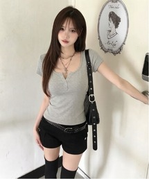 【Y2Kガーリー】 ヘンリーネックリブカットソー半袖Tシャツ