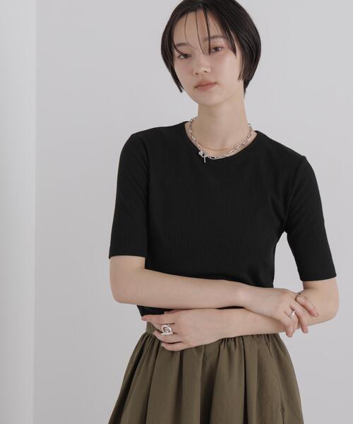 NANO universe（ナノユニバース）の「ソフトシアーリブクルーネック半袖トップス（Tシャツ/カットソー・レディース・ネイビー/ライトベージュ/ブラック・FREE）」の2枚目の写真