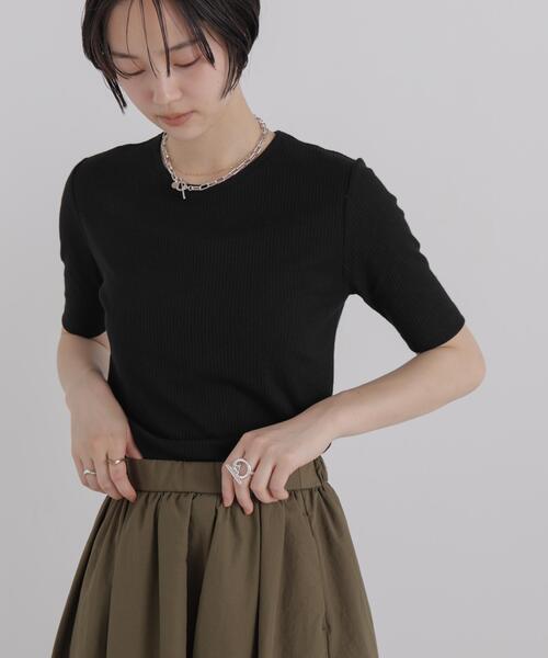 NANO universe（ナノユニバース）の「ソフトシアーリブクルーネック半袖トップス（Tシャツ/カットソー・レディース・ネイビー/ライトベージュ/ブラック・FREE）」の4枚目の写真