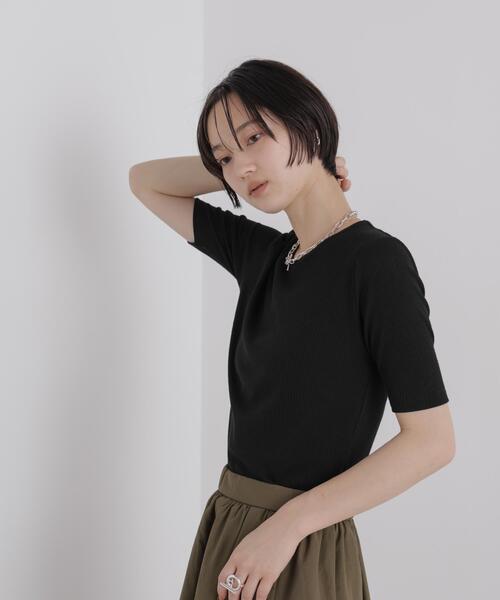 NANO universe（ナノユニバース）の「ソフトシアーリブクルーネック半袖トップス（Tシャツ/カットソー・レディース・ネイビー/ライトベージュ/ブラック・FREE）」の5枚目の写真