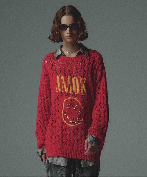 amok（アモク）の「SMILE KNIT（ニット/セーター・メンズ・ブラック/レッド・M/S）」の2枚目の写真