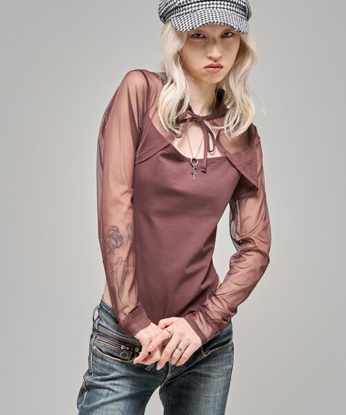 WHO'S WHO gallery(フーズフーギャラリー)の「ホールネックドッキングトップス(Tシャツ/カットソー・レディース・ミント/ブラウン/ブラック・FREE)」の7枚目の写真