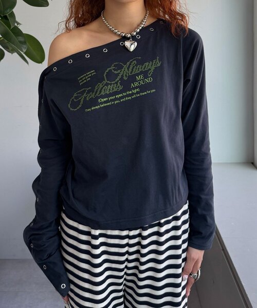 CIAOPANIC（チャオパニック）の「リングドットボタンワンショルロンTee（Tシャツ/カットソー・レディース・ホワイト/ネイビー/グレー・ONE SIZE）」の9枚目の写真