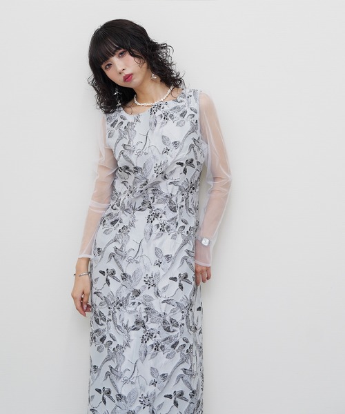 Chillfar（チルファー）の「フラワージャガード シアースリーブ Iラインドレス  結婚式 二次会 同窓会 入学式 卒業式 ディナー パーティードレス オケージョンドレス お呼ばれ（ドレス・レディース・ブラック/グレー/ネイビー・MEDIUM/SMALL）」の9枚目の写真