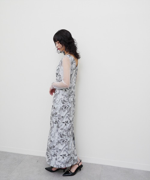 Chillfar（チルファー）の「フラワージャガード シアースリーブ Iラインドレス  結婚式 二次会 同窓会 入学式 卒業式 ディナー パーティードレス オケージョンドレス お呼ばれ（ドレス・レディース・ブラック/グレー/ネイビー・MEDIUM/SMALL）」の4枚目の写真