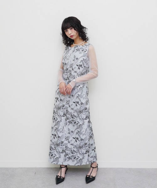 Chillfar（チルファー）の「フラワージャガード シアースリーブ Iラインドレス  結婚式 二次会 同窓会 入学式 卒業式 ディナー パーティードレス オケージョンドレス お呼ばれ（ドレス・レディース・ブラック/グレー/ネイビー・MEDIUM/SMALL）」の6枚目の写真
