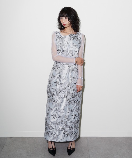 Chillfar（チルファー）の「フラワージャガード シアースリーブ Iラインドレス  結婚式 二次会 同窓会 入学式 卒業式 ディナー パーティードレス オケージョンドレス お呼ばれ（ドレス・レディース・ブラック/グレー/ネイビー・MEDIUM/SMALL）」の14枚目の写真