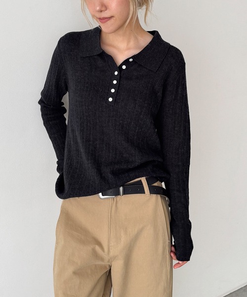 CANAL JEAN（キャナルジーン）の「El mar　ウールポロ襟ニット（ニット/セーター・レディース・ブラウン/チャコールグレー・ONE SIZE）」の2枚目の写真