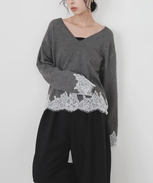 LIAN(リアン)の「【ZOZOTOWN限定商品】レースドッキングVネックプルオーバー(ニット/セーター・レディース・ブラウン/チャコールグレー/ブラック/アイボリー・FREE)」の9枚目の写真