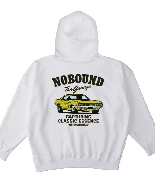 NOBOUND（ノーバウンド）の「NOBOUND（ノーバウンド） プルパーカー メンズ スウェット ビッグシルエット クラシックカー 車 イラスト ロゴ バックプリント プルオーバーパーカー フーディー スエット トップス レディース ユニセックス（パーカー・メンズ・ブラック/ヘザーグレー/サンドベージュ/ホワイト・L/XL/M）」の2枚目の写真