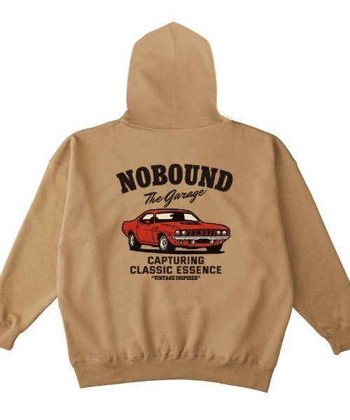 NOBOUND（ノーバウンド）の「NOBOUND（ノーバウンド） プルパーカー メンズ スウェット ビッグシルエット クラシックカー 車 イラスト ロゴ バックプリント プルオーバーパーカー フーディー スエット トップス レディース ユニセックス（パーカー・メンズ・ブラック/ヘザーグレー/サンドベージュ/ホワイト・L/XL/M）」の4枚目の写真