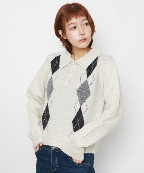 GORGE(ゴージ)の「アーガイル柄 ニットポロトップス|全3色(ニット/セーター・レディース・グレー/ブラウン/オフホワイト・F)」の1枚目の写真