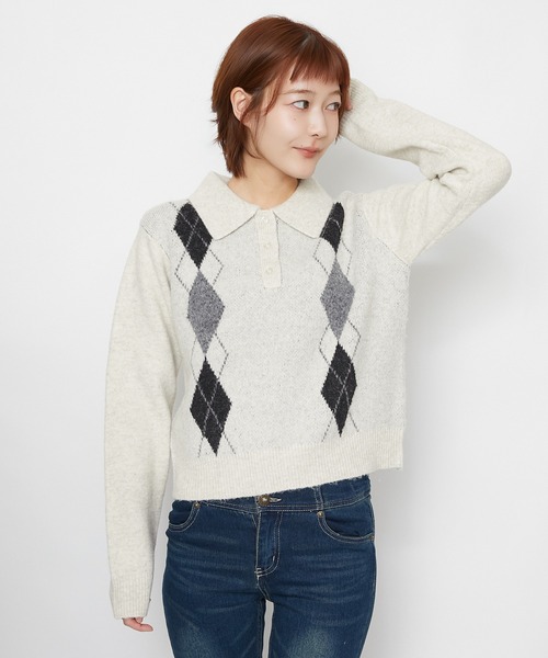 GORGE(ゴージ)の「アーガイル柄 ニットポロトップス|全3色(ニット/セーター・レディース・グレー/ブラウン/オフホワイト・F)」の10枚目の写真