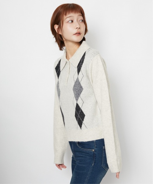 GORGE(ゴージ)の「アーガイル柄 ニットポロトップス|全3色(ニット/セーター・レディース・グレー/ブラウン/オフホワイト・F)」の11枚目の写真