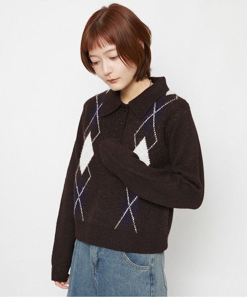 GORGE(ゴージ)の「アーガイル柄 ニットポロトップス|全3色(ニット/セーター・レディース・グレー/ブラウン/オフホワイト・F)」の13枚目の写真