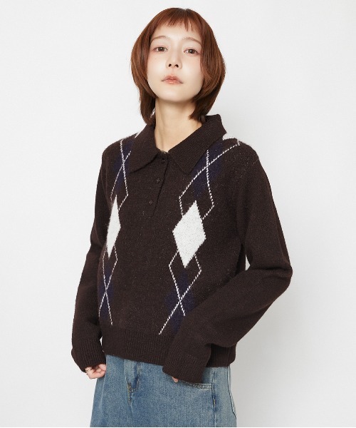 GORGE(ゴージ)の「アーガイル柄 ニットポロトップス|全3色(ニット/セーター・レディース・グレー/ブラウン/オフホワイト・F)」の14枚目の写真