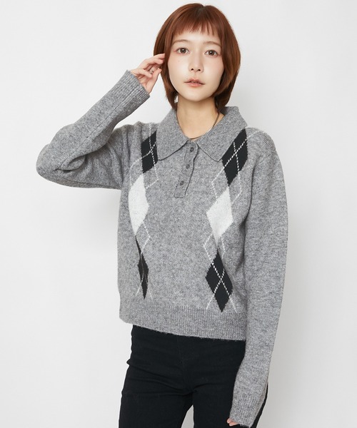 GORGE(ゴージ)の「アーガイル柄 ニットポロトップス|全3色(ニット/セーター・レディース・グレー/ブラウン/オフホワイト・F)」の17枚目の写真