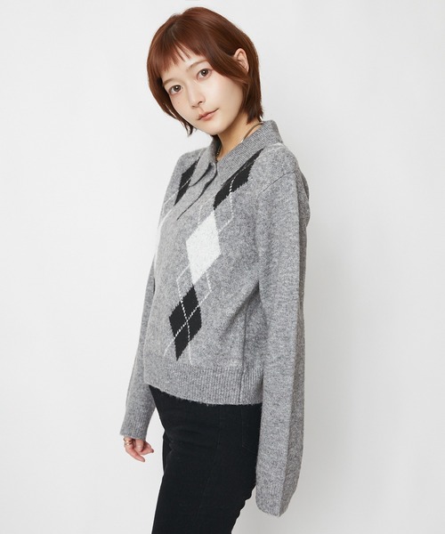 GORGE(ゴージ)の「アーガイル柄 ニットポロトップス|全3色(ニット/セーター・レディース・グレー/ブラウン/オフホワイト・F)」の18枚目の写真