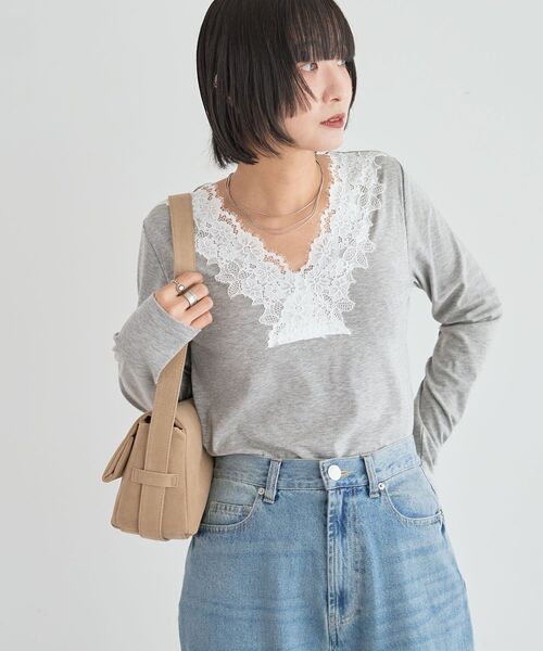 Green Parks(グリーンパークス)の「衿レースリブカットプルオーバー(Tシャツ/カットソー・レディース・ホワイト/ブラック/ミント/杢グレー・FREE)」の5枚目の写真