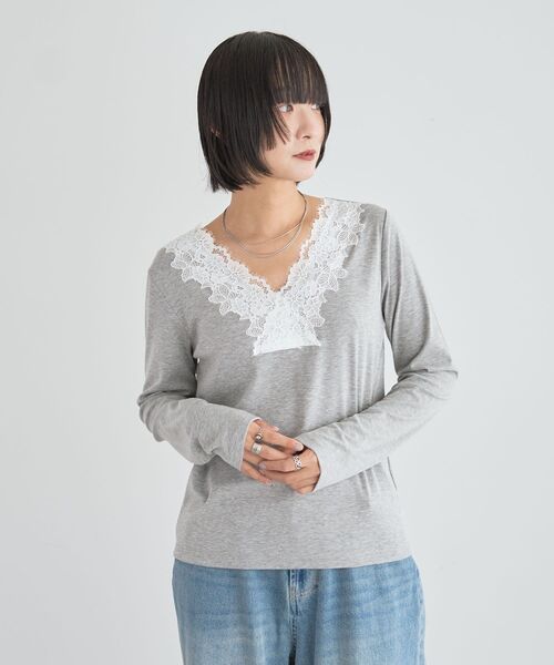 Green Parks(グリーンパークス)の「衿レースリブカットプルオーバー(Tシャツ/カットソー・レディース・ホワイト/ブラック/ミント/杢グレー・FREE)」の9枚目の写真