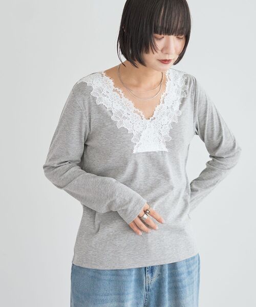 Green Parks(グリーンパークス)の「衿レースリブカットプルオーバー(Tシャツ/カットソー・レディース・ホワイト/ブラック/ミント/杢グレー・FREE)」の10枚目の写真