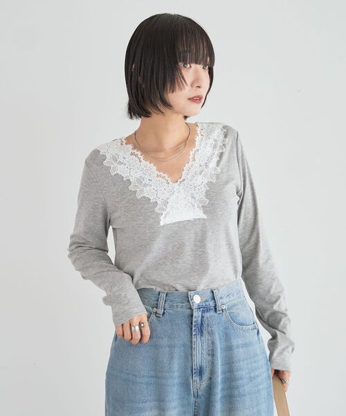 Green Parks(グリーンパークス)の「衿レースリブカットプルオーバー(Tシャツ/カットソー・レディース・ホワイト/ブラック/ミント/杢グレー・FREE)」の13枚目の写真