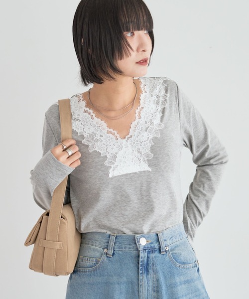 Green Parks(グリーンパークス)の「衿レースリブカットプルオーバー(Tシャツ/カットソー・レディース・ホワイト/ブラック/ミント/杢グレー・FREE)」の1枚目の写真