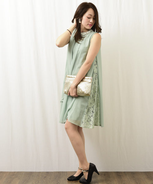 INTERPLANET WINGS（インタープラネットウィング）の「スタンドカラービジュ－付きAラインドレス（ドレス・レディース・ミント/ネイビー/オレンジ/ボルドー/グリーン/ベージュ・FREE）」の3枚目の写真