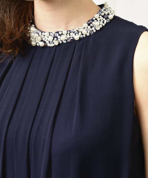 INTERPLANET WINGS（インタープラネットウィング）の「スタンドカラービジュ－付きAラインドレス（ドレス・レディース・ミント/ネイビー/オレンジ/ボルドー/グリーン/ベージュ・FREE）」の11枚目の写真