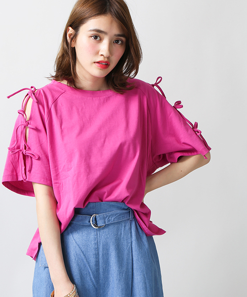 WEGO（ウィゴー）の「WEGO/肩開きリボンスリーブカットソー（Tシャツ/カットソー・レディース・ホワイト/ピンク系その他/ブラック/ブルー/オレンジ/イエロー/レッド/ライトピンク/ライトイエロー・MEDIUM/LARGE）」の6枚目の写真