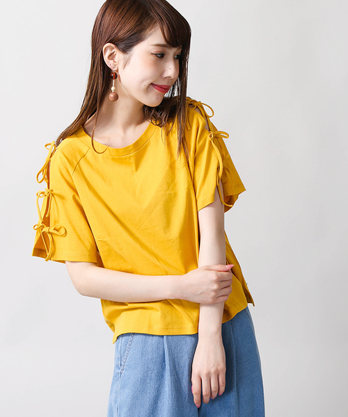 WEGO（ウィゴー）の「WEGO/肩開きリボンスリーブカットソー（Tシャツ/カットソー・レディース・ホワイト/ピンク系その他/ブラック/ブルー/オレンジ/イエロー/レッド/ライトピンク/ライトイエロー・MEDIUM/LARGE）」の4枚目の写真