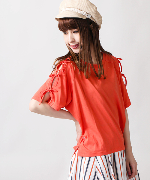 WEGO（ウィゴー）の「WEGO/肩開きリボンスリーブカットソー（Tシャツ/カットソー・レディース・ホワイト/ピンク系その他/ブラック/ブルー/オレンジ/イエロー/レッド/ライトピンク/ライトイエロー・MEDIUM/LARGE）」の9枚目の写真