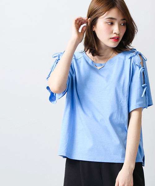 WEGO（ウィゴー）の「WEGO/肩開きリボンスリーブカットソー（Tシャツ/カットソー・レディース・ホワイト/ピンク系その他/ブラック/ブルー/オレンジ/イエロー/レッド/ライトピンク/ライトイエロー・MEDIUM/LARGE）」の3枚目の写真