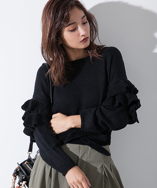 fifth（フィフス）の「ラッフルスリーブニットプルオーバー（ニット/セーター・レディース・ホワイト/ブラック・MEDIUM）」の2枚目の写真