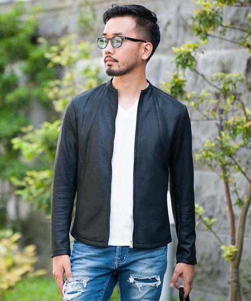 JOHNNY WOLF（ジョニーウルフ）の「ARCHIMEDES-LEATHER LOOK(アルキメデス-レザールック)レザールック  ボトルネック シングル ライダースジャケット（ライダースジャケット・メンズ・ブラック/ベージュ・2-3/3-4/1-2）」の2枚目の写真