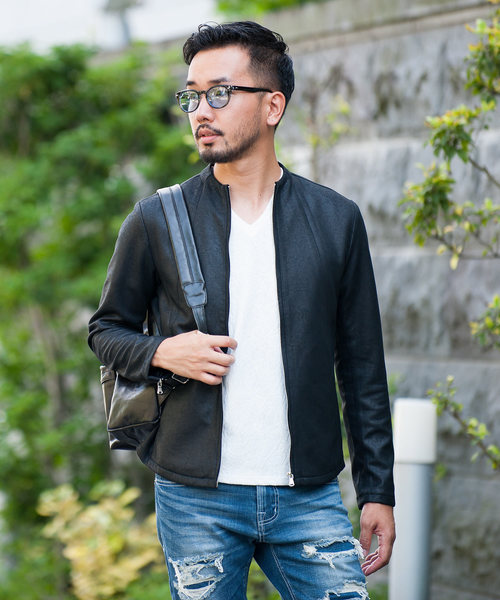 JOHNNY WOLF（ジョニーウルフ）の「ARCHIMEDES-LEATHER LOOK(アルキメデス-レザールック)レザールック  ボトルネック シングル ライダースジャケット（ライダースジャケット・メンズ・ブラック/ベージュ・2-3/3-4/1-2）」の4枚目の写真