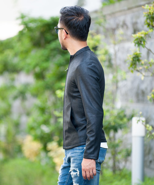 JOHNNY WOLF（ジョニーウルフ）の「ARCHIMEDES-LEATHER LOOK(アルキメデス-レザールック)レザールック  ボトルネック シングル ライダースジャケット（ライダースジャケット・メンズ・ブラック/ベージュ・2-3/3-4/1-2）」の6枚目の写真