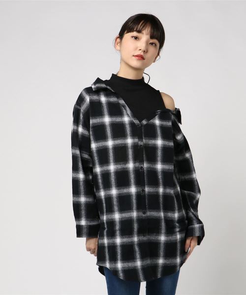 Salus サルース の チェック柄インナー付肩あきオーバーシャツ Tシャツ カットソー Wear