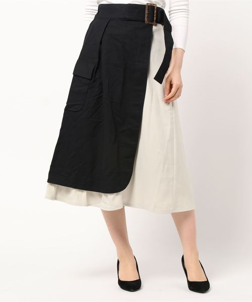 STYLEBLOCK（スタイルブロック）の「ウエストベルトフラップポケット切り替えラップ風スカート（スカート・レディース・ブラック/グレー/ベージュ/カーキ・M）」の2枚目の写真