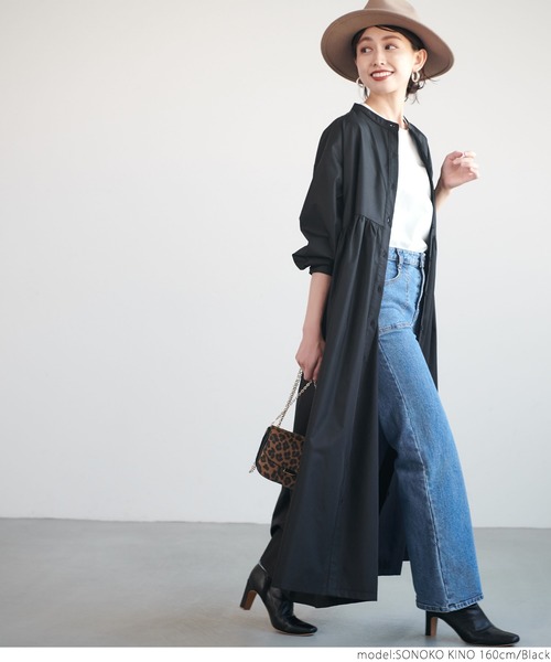 coca(coca)(コカ)の「バンドカラーウエストギャザーワンピース(シャツワンピース・レディース・ブラック/ホワイト・ONE SIZE)」の7枚目の写真