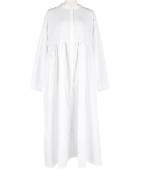 セール】バンドカラーウエストギャザーワンピース（シャツワンピース