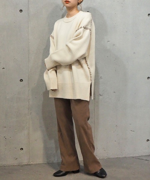 tiptop（ティップトップ）の「[新色登場] 配色ステッチBIGニットプルオーバー（ニット/セーター・レディース・ブラック/ブラウン/オフホワイト/グリーン/アイボリー/ブルー・FREE）」の9枚目の写真